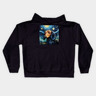 Black Dachshund in Starry Night style Kids Hoodie